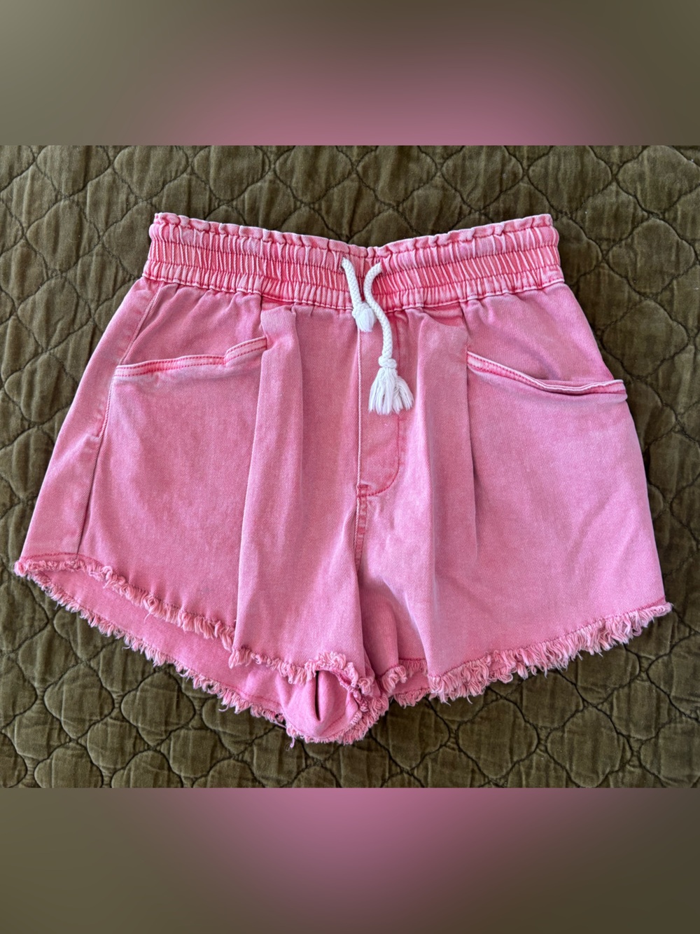 Zenana Coral Mineral Wash Frayed Hem Drawstring Denim Shorts